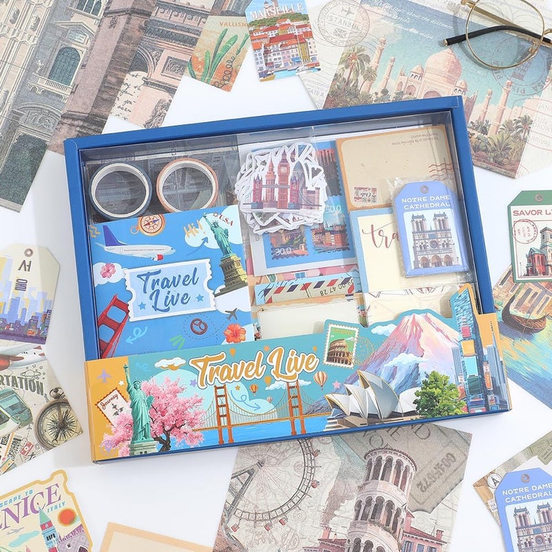 icceemee Scrapbooking Supplies Kit, Travel Diary Theme Scrapbooking Kit for Bullet Junk Journaling, Stationery, A6 Grid Notebook, Flower DIY Journaling Supplies, Birthday Craft Gift for Teen Girls - Image 1